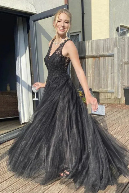 Fashion A Line V Neck Sleeveless V Back Floor-Length Prom Dress