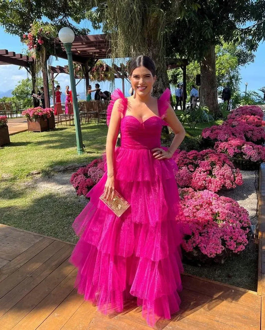 Fashion Ball Gown Square Neck Sleeveless Tulle Layered Floor-Length Evening Dress