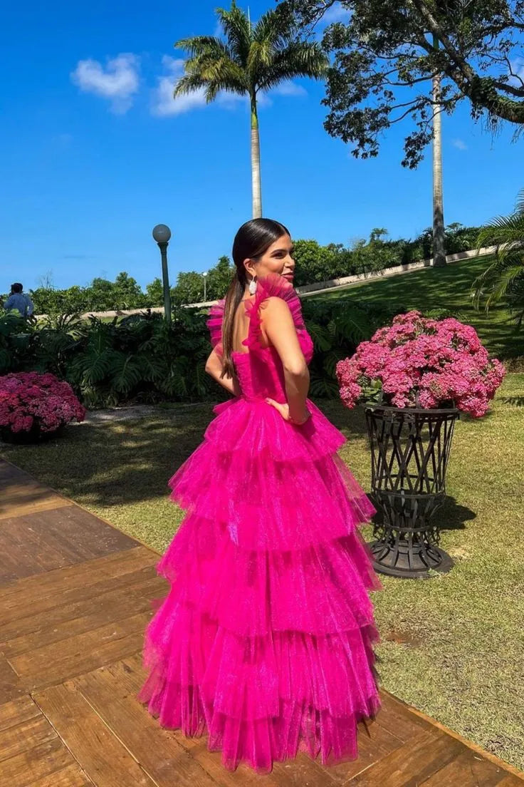 Fashion Ball Gown Square Neck Sleeveless Tulle Layered Floor-Length Evening Dress