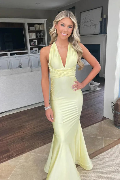 Fashion Bodycon V-neck Sleeveless Backless Satin Floor-Length Prom Dress