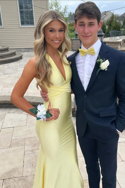 Fashion Bodycon V-neck Sleeveless Backless Satin Floor-Length Prom Dress