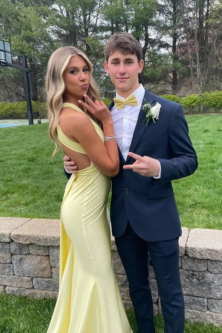 Fashion Bodycon V-neck Sleeveless Backless Satin Floor-Length Prom Dress