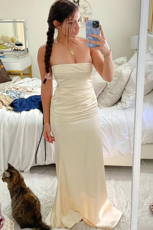Fashion Fitted Strapless Sleeveless Pleated Satin Floor-Length Prom Dress