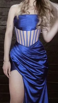 Fashion Fitted Strapless Sleeveless Satin Slit Floor-Length Evening Dress