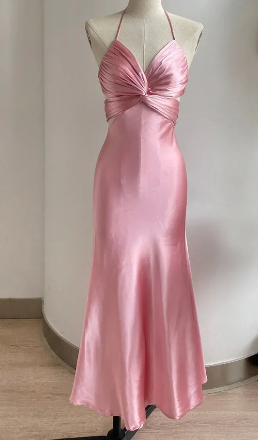 Fashion Halter Neck Sleeveless Mermaid Satin Pleated Floor-Length Evening Dress