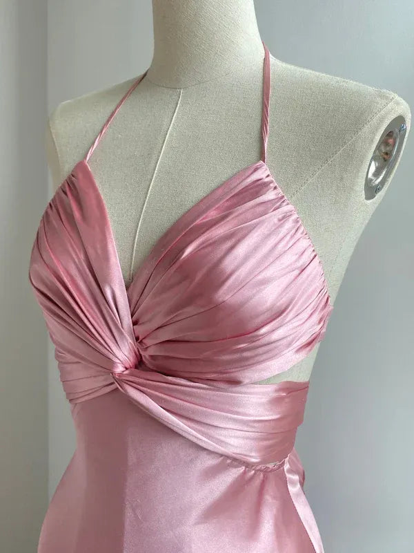 Fashion Halter Neck Sleeveless Mermaid Satin Pleated Floor-Length Evening Dress