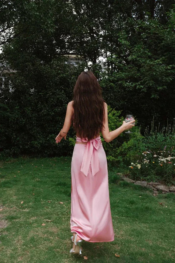 Fashion Halter Neck Sleeveless Mermaid Satin Pleated Floor-Length Evening Dress