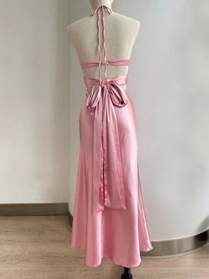 Fashion Halter Neck Sleeveless Mermaid Satin Pleated Floor-Length Evening Dress