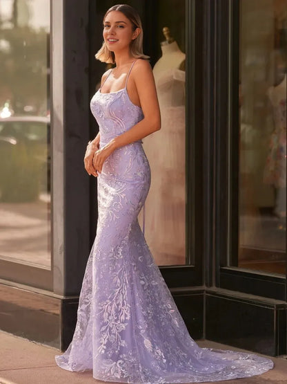 Fashion Mermaid Boat Neck Sleeveless Lace Up Brush Train prom dress for women