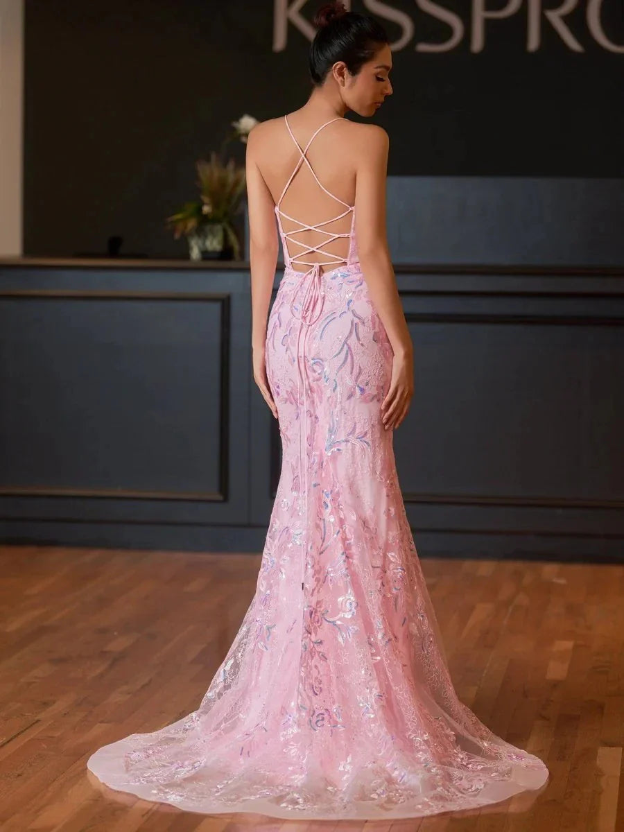 Fashion Mermaid Boat Neck Sleeveless Lace Up Brush Train prom dress for women