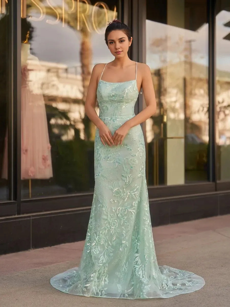 Fashion Mermaid Boat Neck Sleeveless Lace Up Brush Train prom dress for women