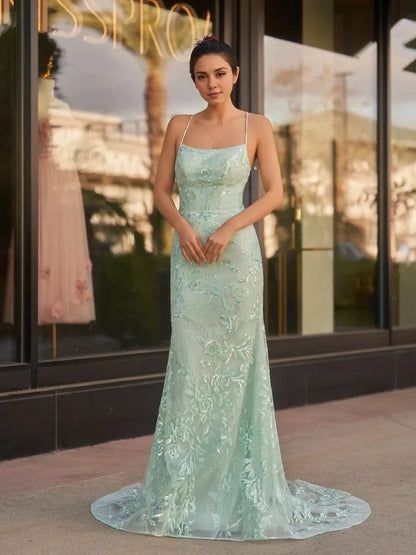 Fashion Mermaid Boat Neck Sleeveless Lace Up Brush Train prom dress for women