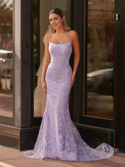 Fashion Mermaid Boat Neck Sleeveless Lace Up Brush Train prom dress for women