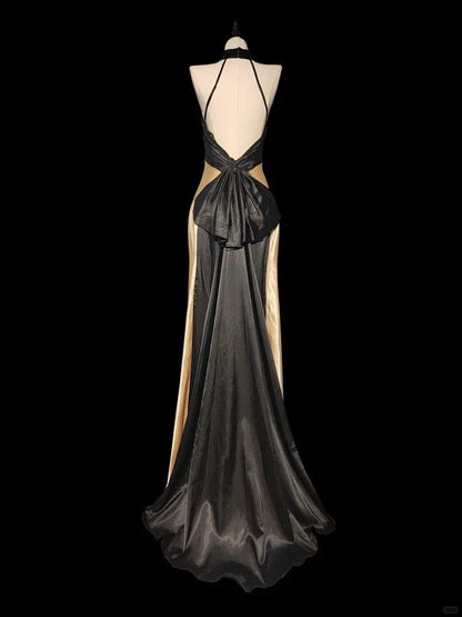 Fashion Mermaid Halter Neck Sleeveless Pleated Backless Satin Floor-Length Prom Dress