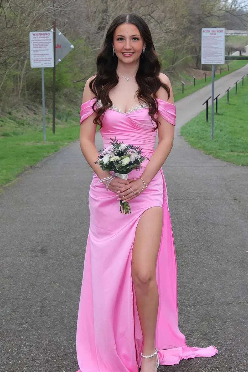 Fashion Mermaid Off-the-Shoulder Sleeveless Slit Satin Floor-Length Prom Dress