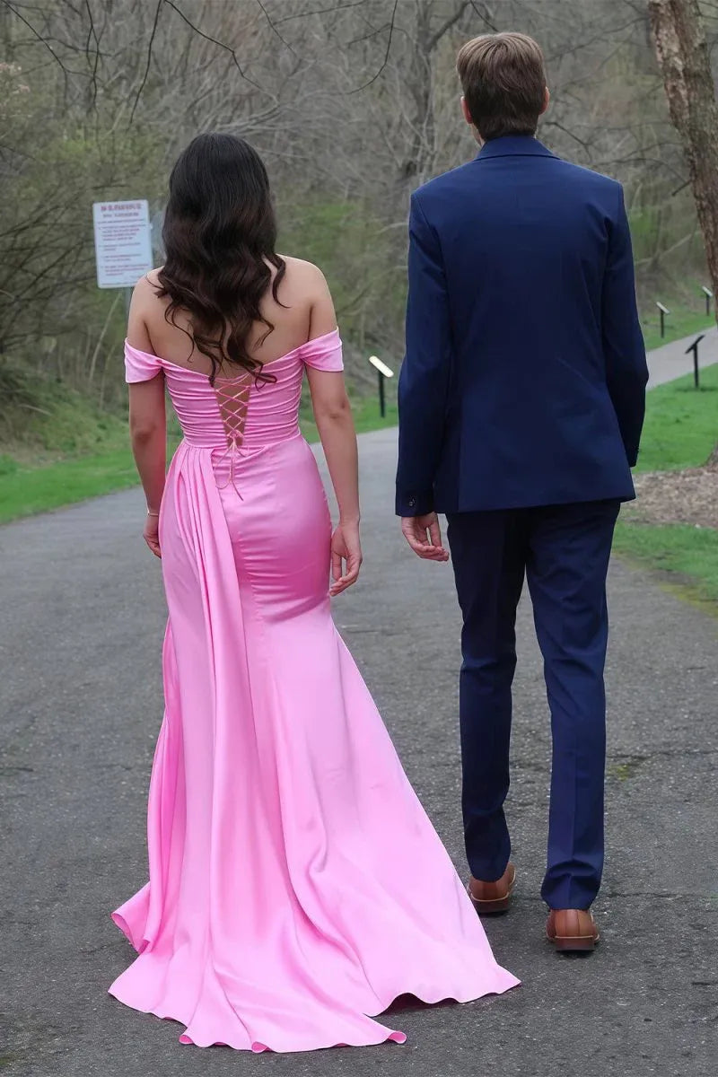 Fashion Mermaid Off-the-Shoulder Sleeveless Slit Satin Floor-Length Prom Dress