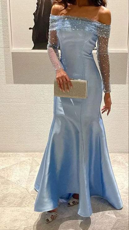 Fashion Mermaid Off Shoulder Long Sleeves Pleated Satin Floor-Length Prom Dress