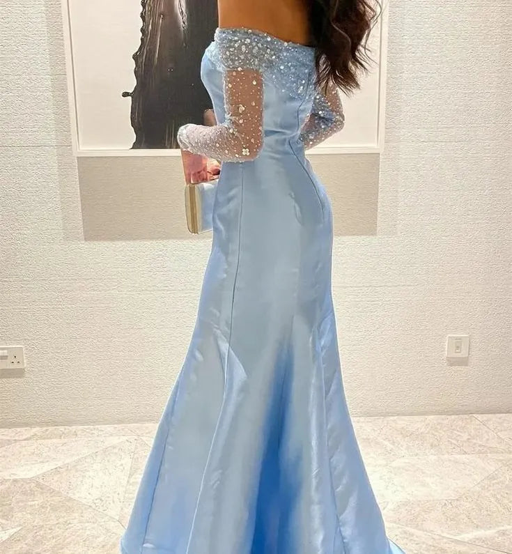 Fashion Mermaid Off Shoulder Long Sleeves Pleated Satin Floor-Length Prom Dress