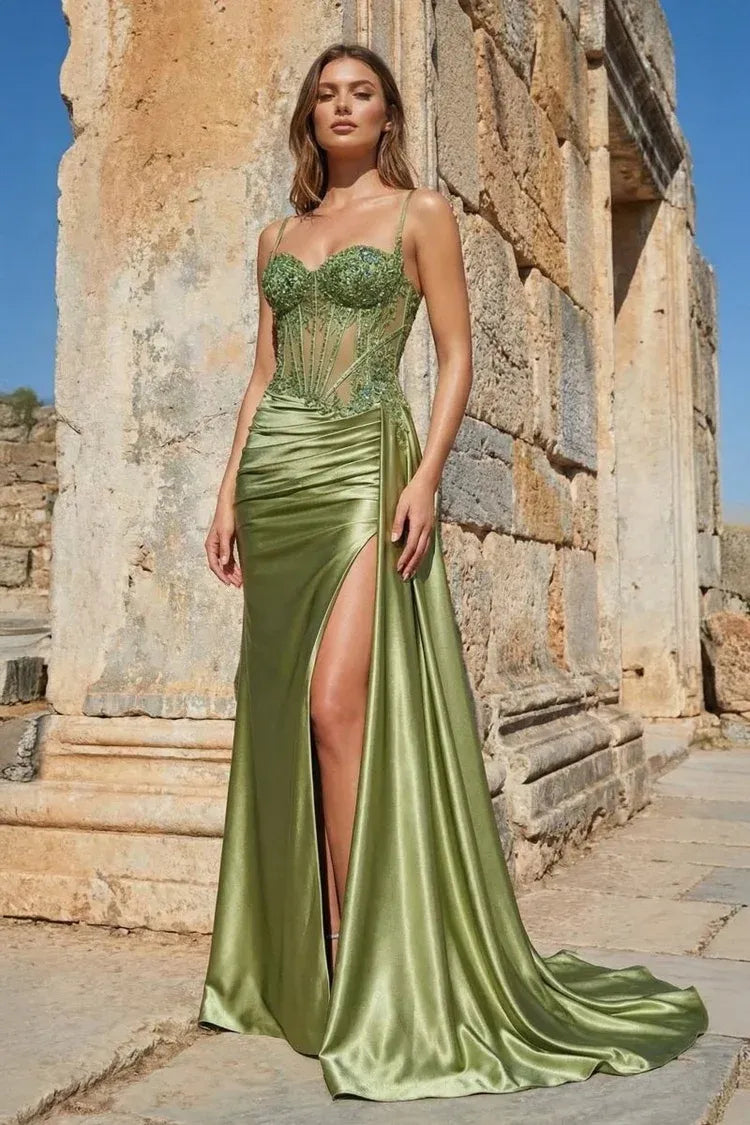 Fashion Mermaid Spaghetti Straps Sleeveless Satin Appliqued Floor-Length Prom Dress