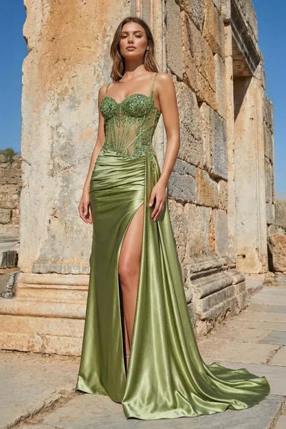 Fashion Mermaid Spaghetti Straps Sleeveless Satin Appliqued Floor-Length Prom Dress