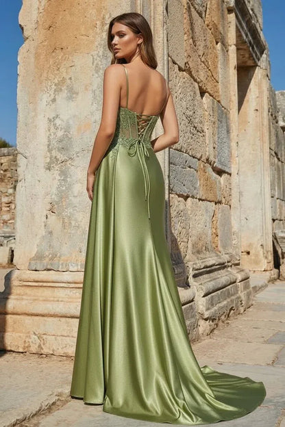 Fashion Mermaid Spaghetti Straps Sleeveless Satin Appliqued Floor-Length Prom Dress