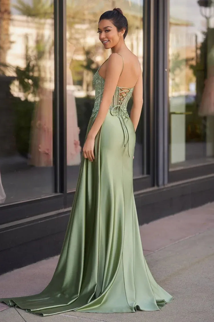 Fashion Mermaid Spaghetti Straps Sleeveless Satin Appliqued Floor-Length Prom Dress
