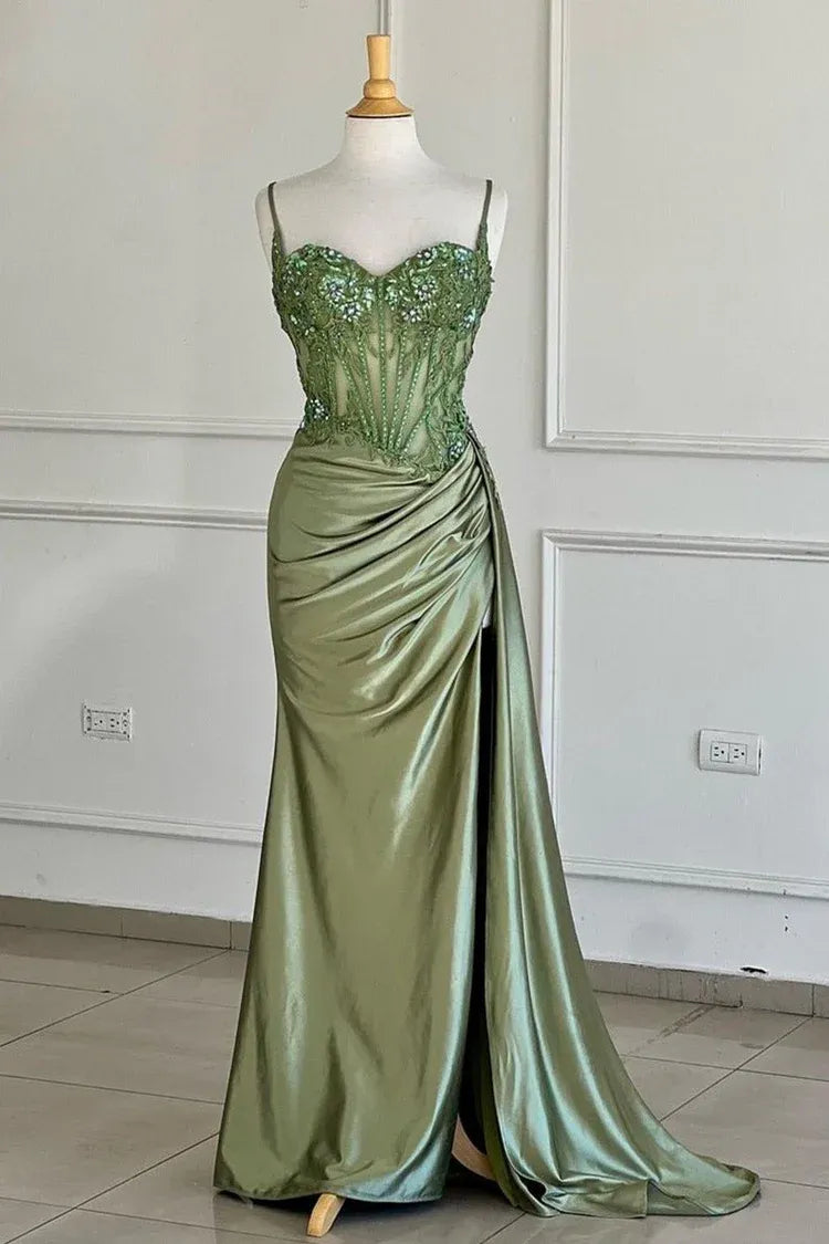 Fashion Mermaid Spaghetti Straps Sleeveless Satin Appliqued Floor-Length Prom Dress