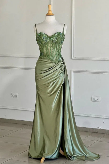 Fashion Mermaid Spaghetti Straps Sleeveless Satin Appliqued Floor-Length Prom Dress