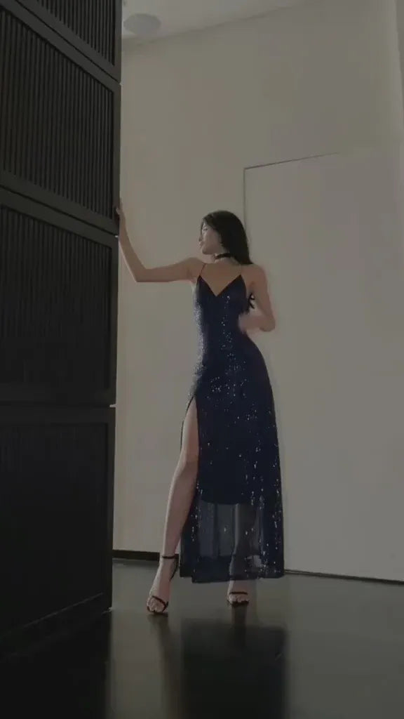 Fashion Mermaid V Neck Lace Up Sequins Ankle-Length Evening Dress