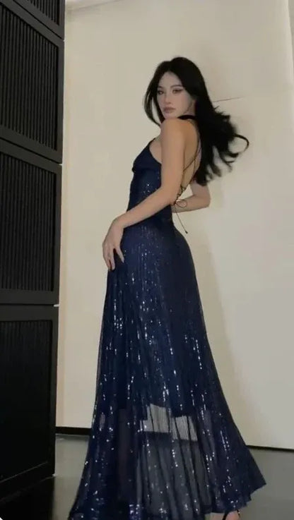 Fashion Mermaid V Neck Lace Up Sequins Ankle-Length Evening Dress