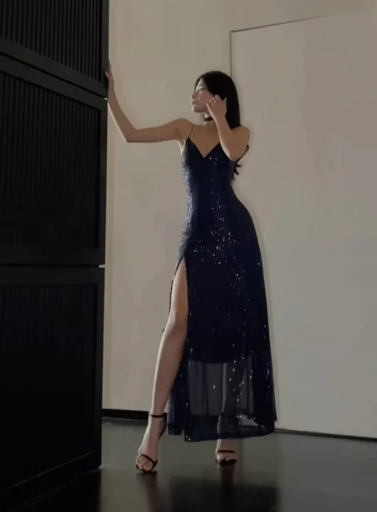 Fashion Mermaid V Neck Lace Up Sequins Ankle-Length Evening Dress