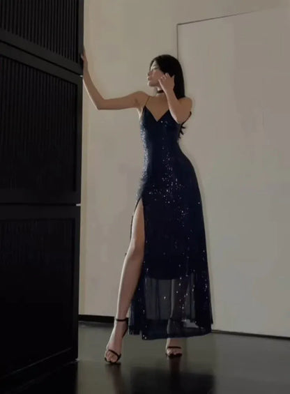 Fashion Mermaid V Neck Lace Up Sequins Ankle-Length Evening Dress