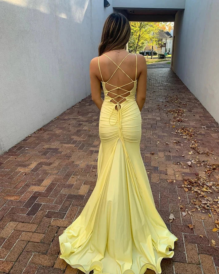 Fashion Mermaid V Neck Sleeveless Slit Satin Floor-Length Prom Dress