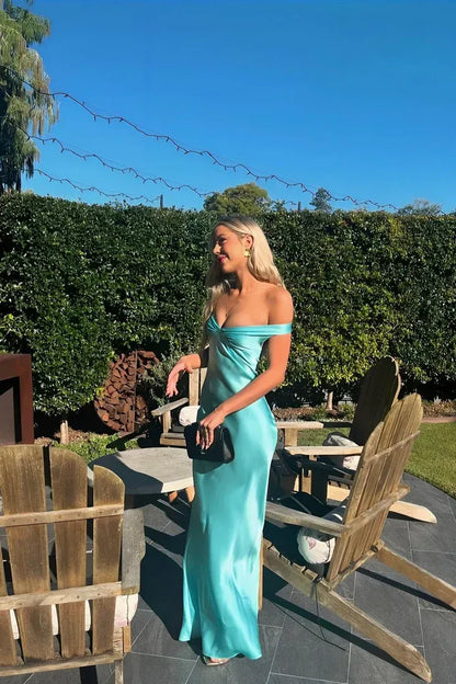 Fashion Sheath/Column Off the Shoulder Sleeveless Backless Satin Floor-Length Prom Dress