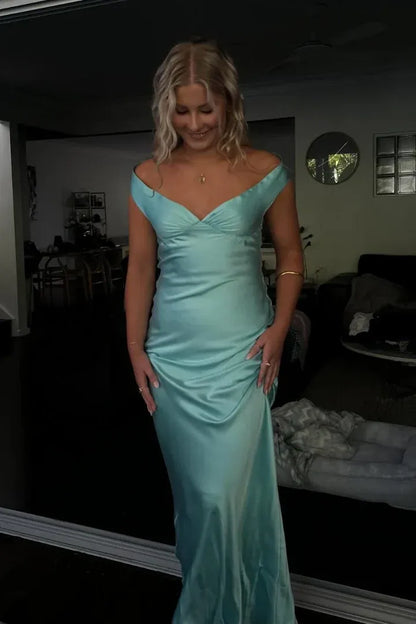 Fashion Sheath/Column Off the Shoulder Sleeveless Backless Satin Floor-Length Prom Dress