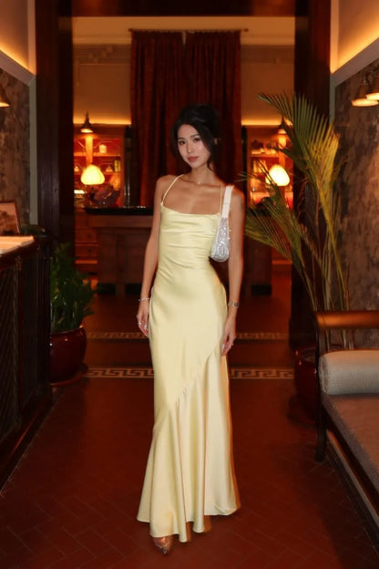 Fashion Sheath Spaghetti Straps Sleeveless Lace Up Satin Floor-Length Prom Dress