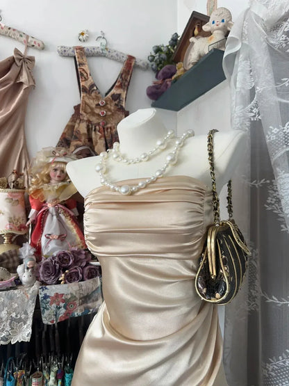 Fashion Sheath Strapless Sleeveless Pleated Satin Maxi Dress Prom Dress