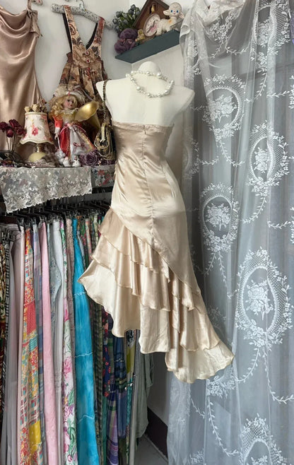 Fashion Sheath Strapless Sleeveless Pleated Satin Maxi Dress Prom Dress