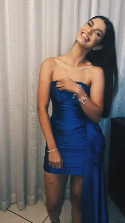 Fashion Sheath Strapless Sleeveless Pleated Satin Short-Mini Homecoming Dress