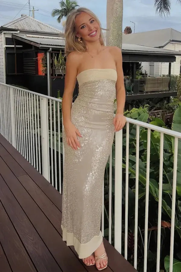 Fashion Sheath Strapless Sleeveless Sequins Pleated Floor-Length Prom Dress