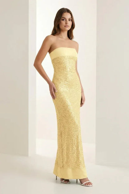 Fashion Sheath Strapless Sleeveless Sequins Pleated Floor-Length Prom Dress