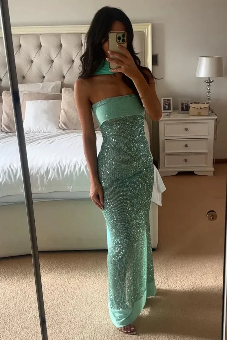 Fashion Sheath Strapless Sleeveless Sequins Pleated Floor-Length Prom Dress