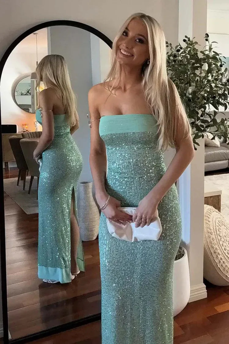 Fashion Sheath Strapless Sleeveless Sequins Pleated Floor-Length Prom Dress