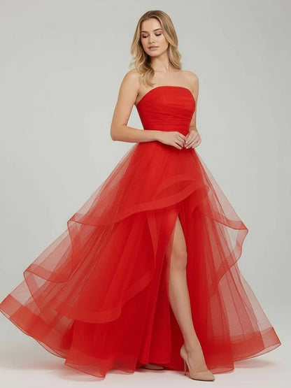 Fashion A-Line Strapless Sleeveless Ruffled Organza Floor-Length Prom Dress