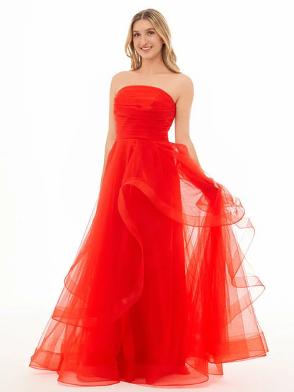 Fashion A-Line Strapless Sleeveless Ruffled Organza Floor-Length Prom Dress