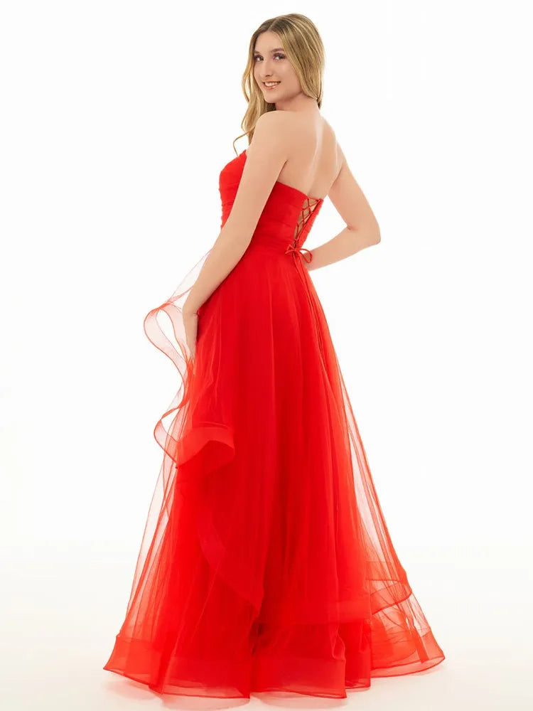 Fashion A-Line Strapless Sleeveless Ruffled Organza Floor-Length Prom Dress
