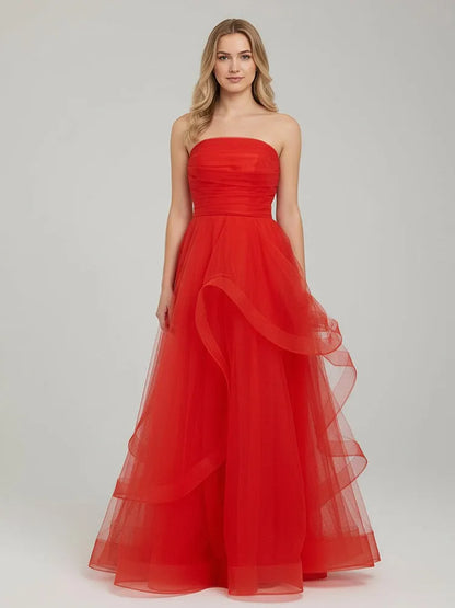 Fashion A-Line Strapless Sleeveless Ruffled Organza Floor-Length Prom Dress