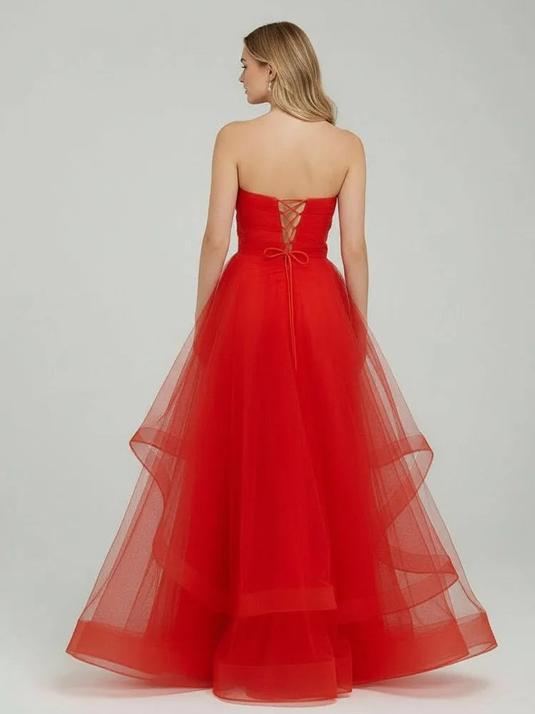 Fashion A-Line Strapless Sleeveless Ruffled Organza Floor-Length Prom Dress