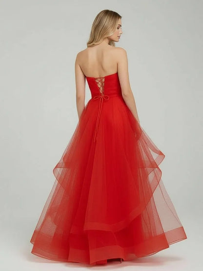 Fashion A-Line Strapless Sleeveless Ruffled Organza Floor-Length Prom Dress