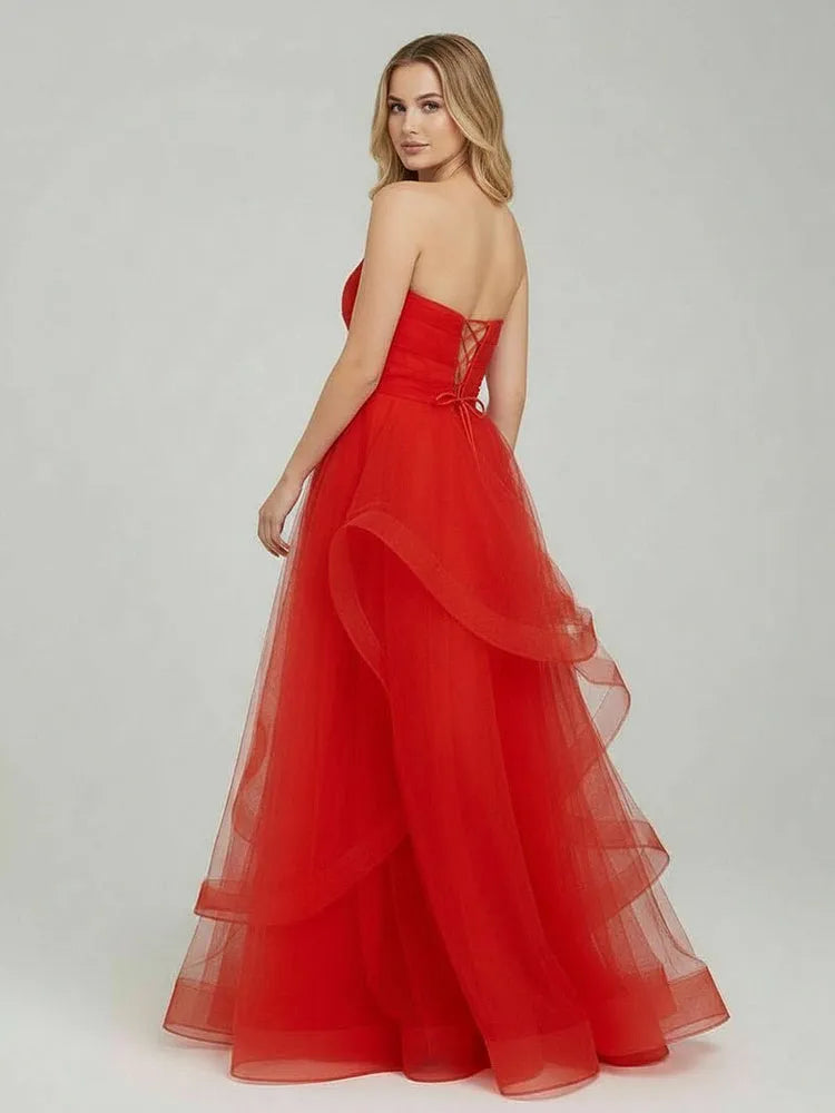 Fashion A-Line Strapless Sleeveless Ruffled Organza Floor-Length Prom Dress